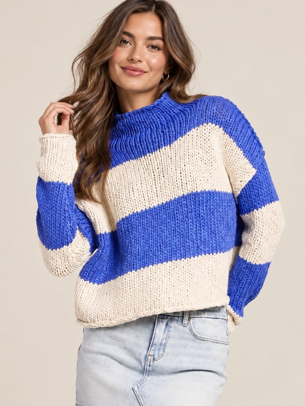 Free People Opal Rugby Stripe Sweater Cobalt Blue Ivory Cropped M